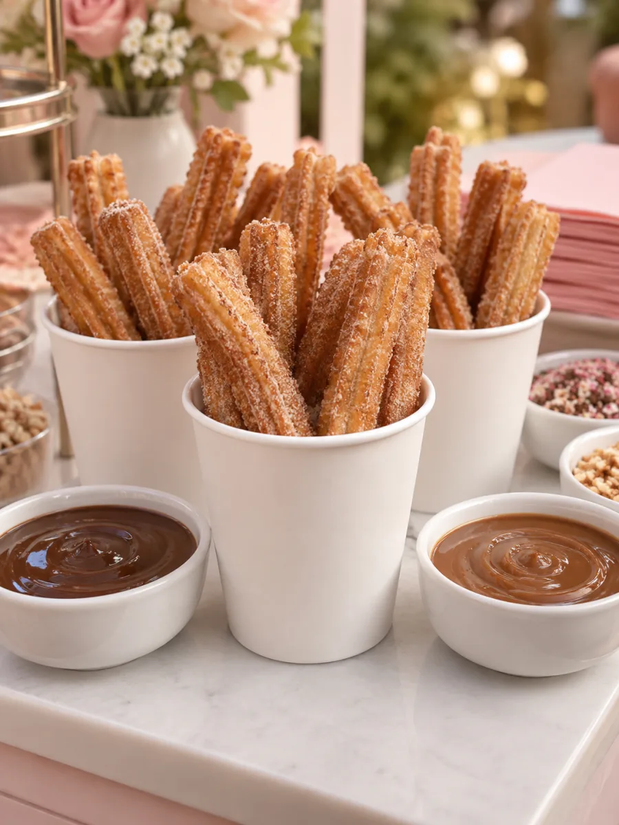 Cinnamon-sugar churros in white serving cups with chocolate and caramel dipping sauces and assorted toppings