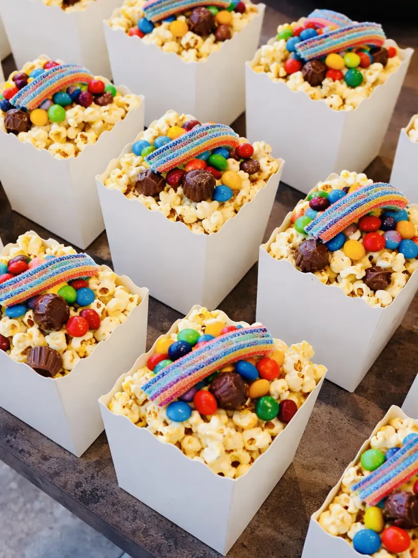 Branded gourmet popcorn boxes prepared for a Blush Fizz Co. event experience