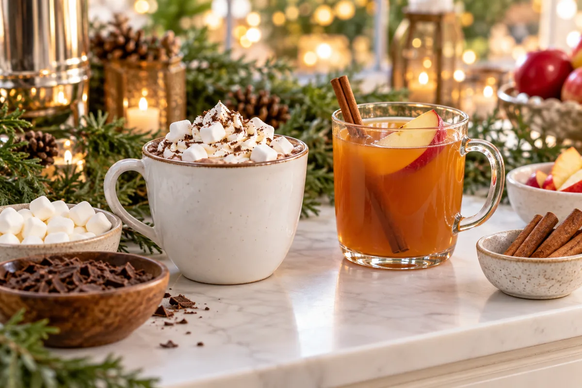 Hot cocoa topped with whipped cream and marshmallows beside apple cider with an apple slice and cinnamon stick, surrounded by festive toppings